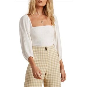 Billa Bong The Saltwater Blonde Crop Smocked Puff Sleeve Square Neck Top White M